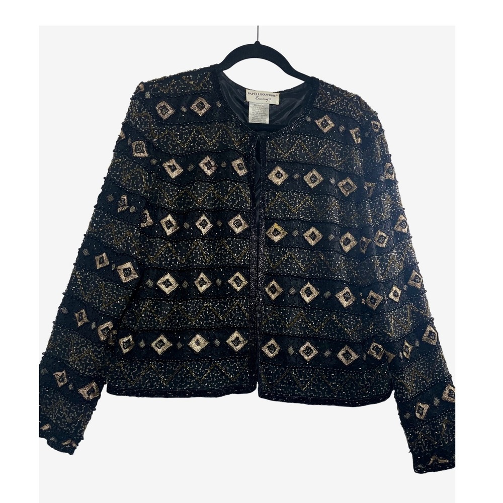 Papell Boutique Evening Women Jacket M Black Silk Beaded Embellished Diamond